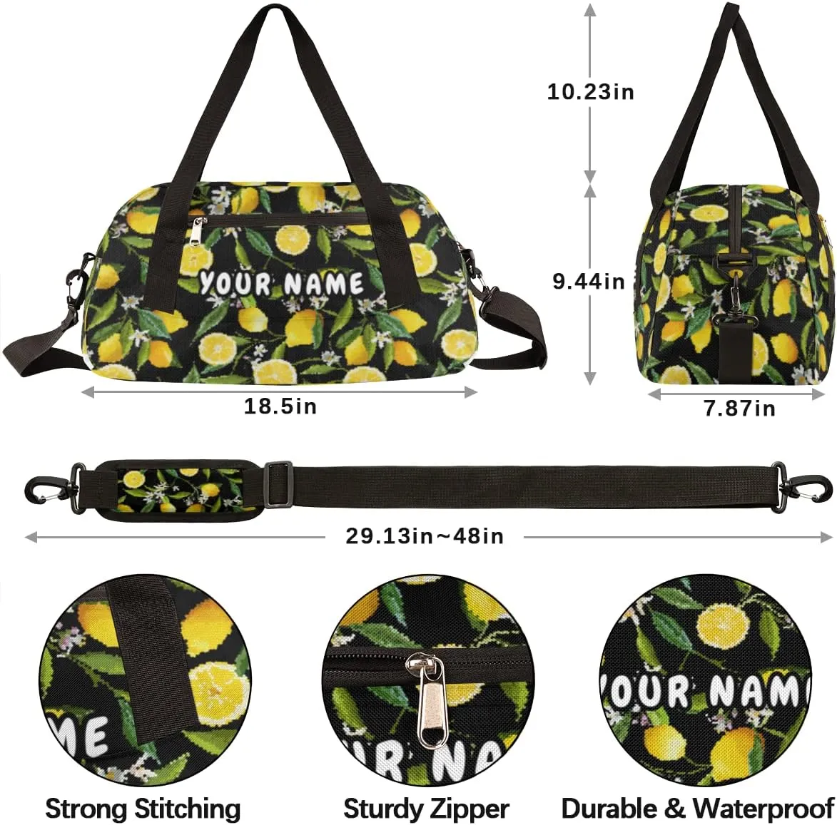 Lemon Leaf Flower Personalized Kids Duffel Bag for Girls Boys, Lemon Debris Custom Name Dance Bag Overnight Small Duffel Bag Carry On Weekend Sports Travel Bag for School Practice Gymnastics Ballet