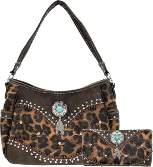 Leopard Animal Print Concealed Carry Feather Concho Country Vintage Western Handbag Hobo Purse Wallet Set