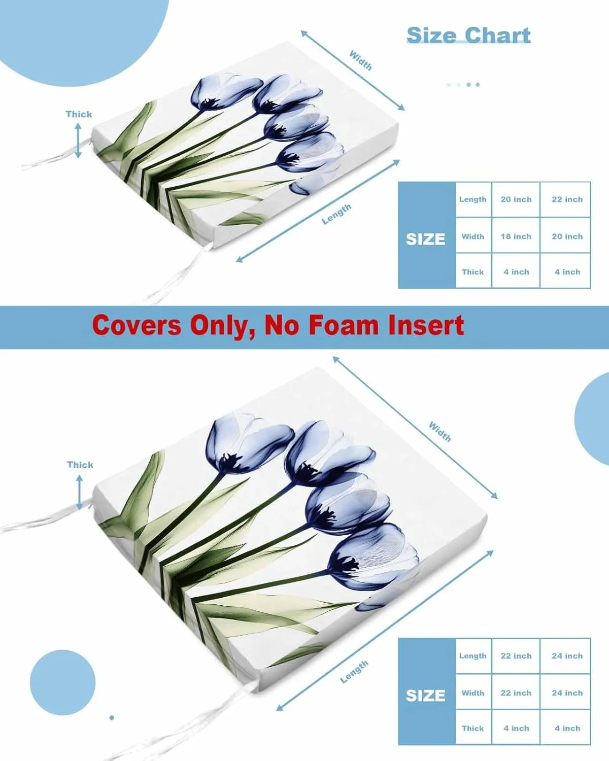 Light Blue Tulip Outdoor Cushion Chair Cover Set of 4 - Waterproof Couch Seat Covers, Farmhouse Elegant Flowers Botanical Patio Furniture Protector Cushions Slipcovers for Sofa/RV, 22"x22"x4"