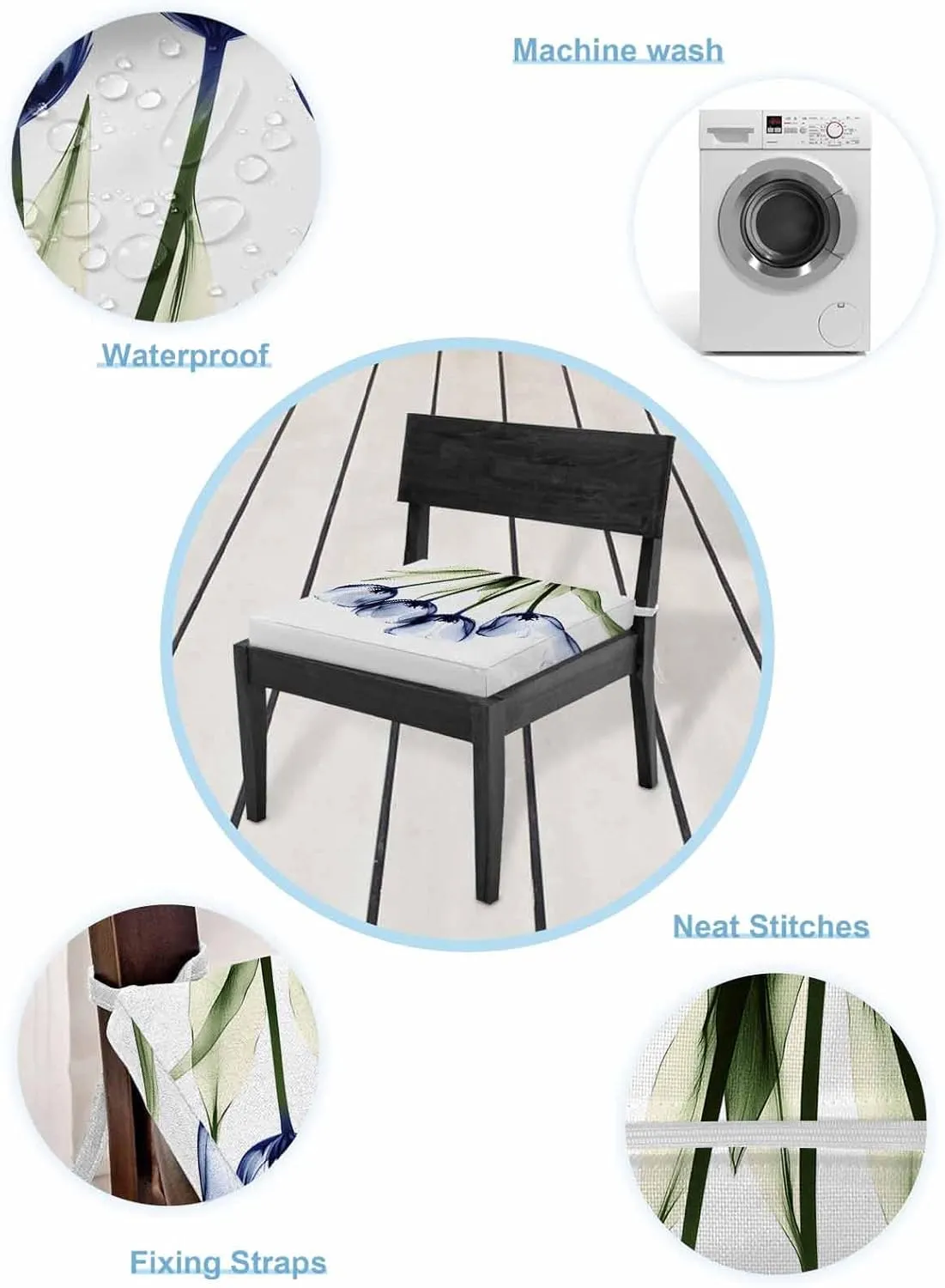 Light Blue Tulip Outdoor Cushion Chair Cover Set of 4 - Waterproof Couch Seat Covers, Farmhouse Elegant Flowers Botanical Patio Furniture Protector Cushions Slipcovers for Sofa/RV, 22"x22"x4"
