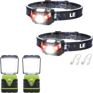 Lighting EVER Bundle - 2 Items: 2 Pack LED Headlamp Rechargeable for Running Camping Hiking & 2 Pack Waterproof 1000LM LED Camping Lantern Battery Powered