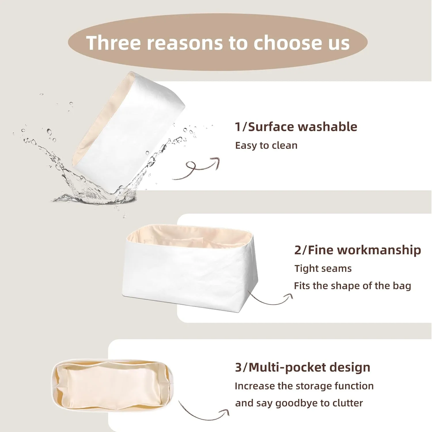 Lightweight Purse Insert Fit for LV Carryall, Waterproof Dupontpaper Surface and Silky Satin Lining (PM, Craie)