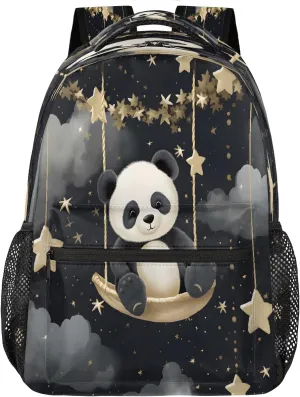 Lightweight Travel Backpack, Cute Panda Starry Swing Art Large Capacity Bookbag, Waterproof Travel Bag Casual Daypack for Men Women Adults