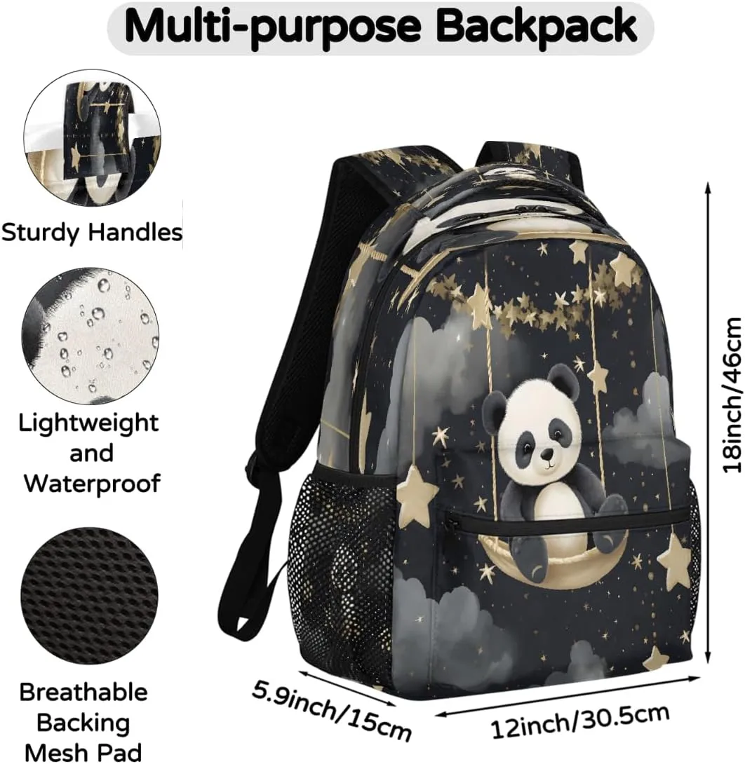 Lightweight Travel Backpack, Cute Panda Starry Swing Art Large Capacity Bookbag, Waterproof Travel Bag Casual Daypack for Men Women Adults