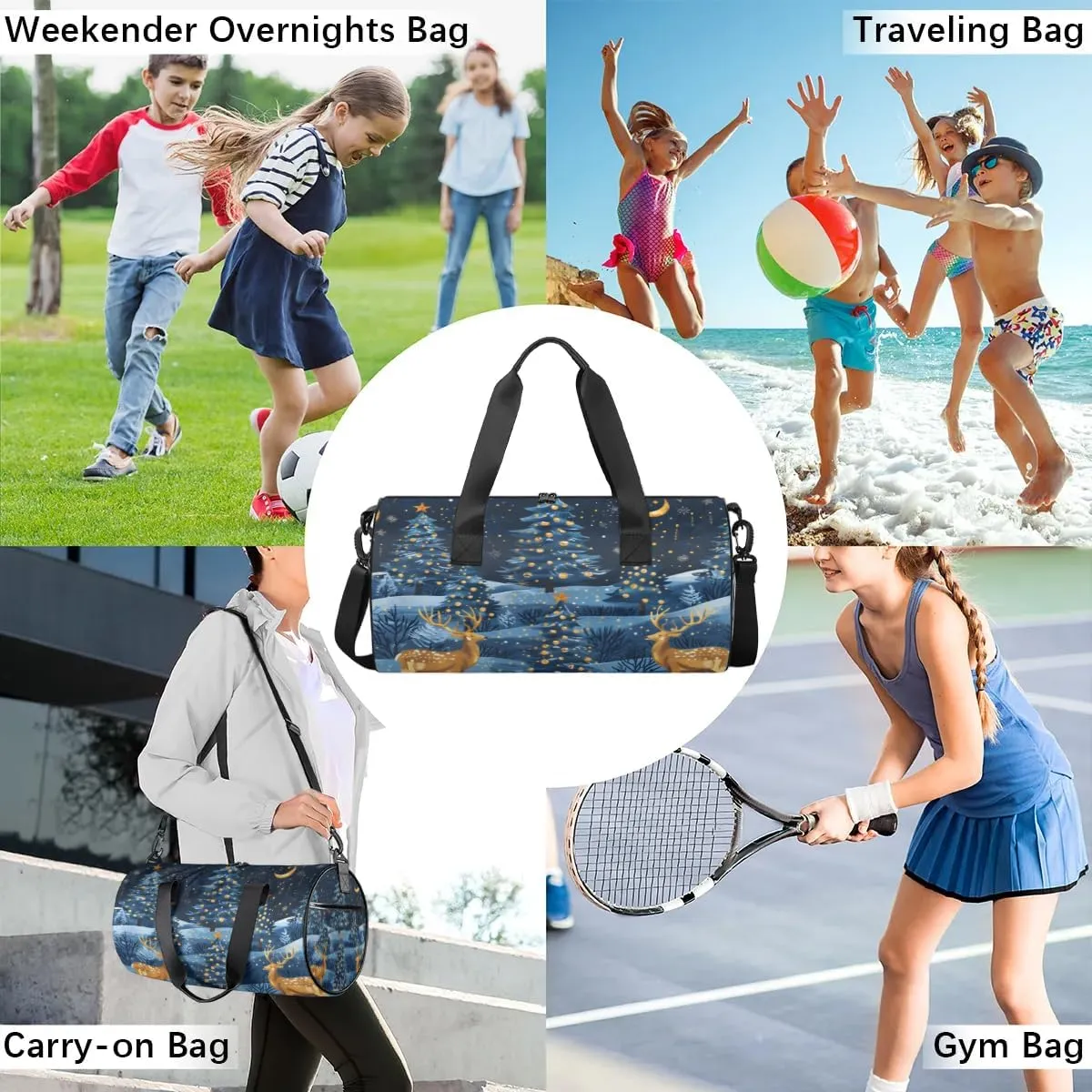 Lightweight Travel Duffle Bag Christmas Deer Trees Gym Bag for Women Men Stylish Small Duffle Bag for Fitness Yoga Travel Overnight Sport
