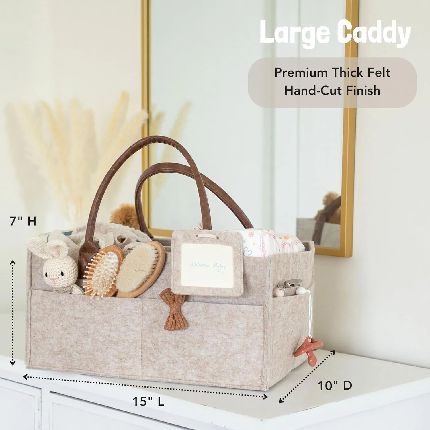 Lily Miles Baby Diaper Caddy Organizer, Nursery Storage Basket for Newborn Essentials, Neutral Gift for Baby Shower, Registry Must-Have, Car Organizer for Diapers and Wipes - Sand, Large