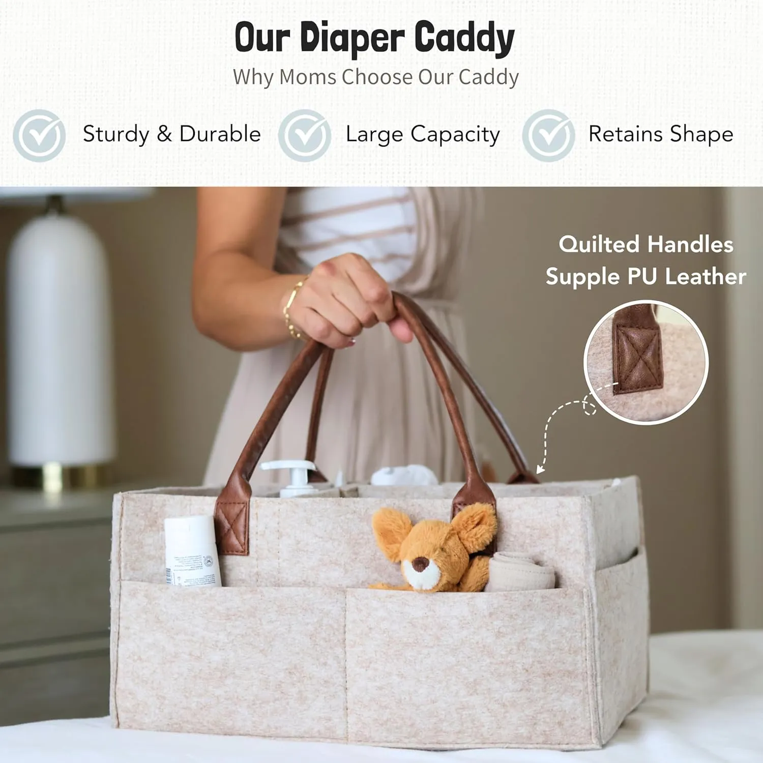 Lily Miles Baby Diaper Caddy Organizer, Nursery Storage Basket for Newborn Essentials, Neutral Gift for Baby Shower, Registry Must-Have, Car Organizer for Diapers and Wipes - Sand, Large