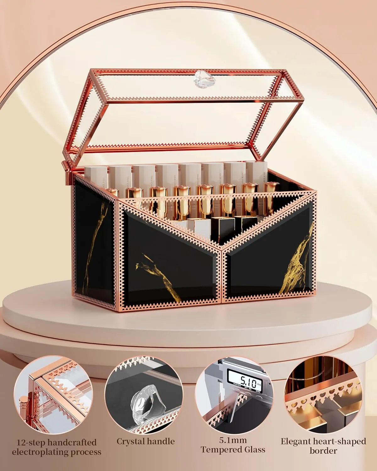 Lipstick Organizer Lipstick Holder - 24 Spaces, Tempered Glass Lip Gloss and Perfume Organizer,Vanity Lipstick Holder and Organizer.Black