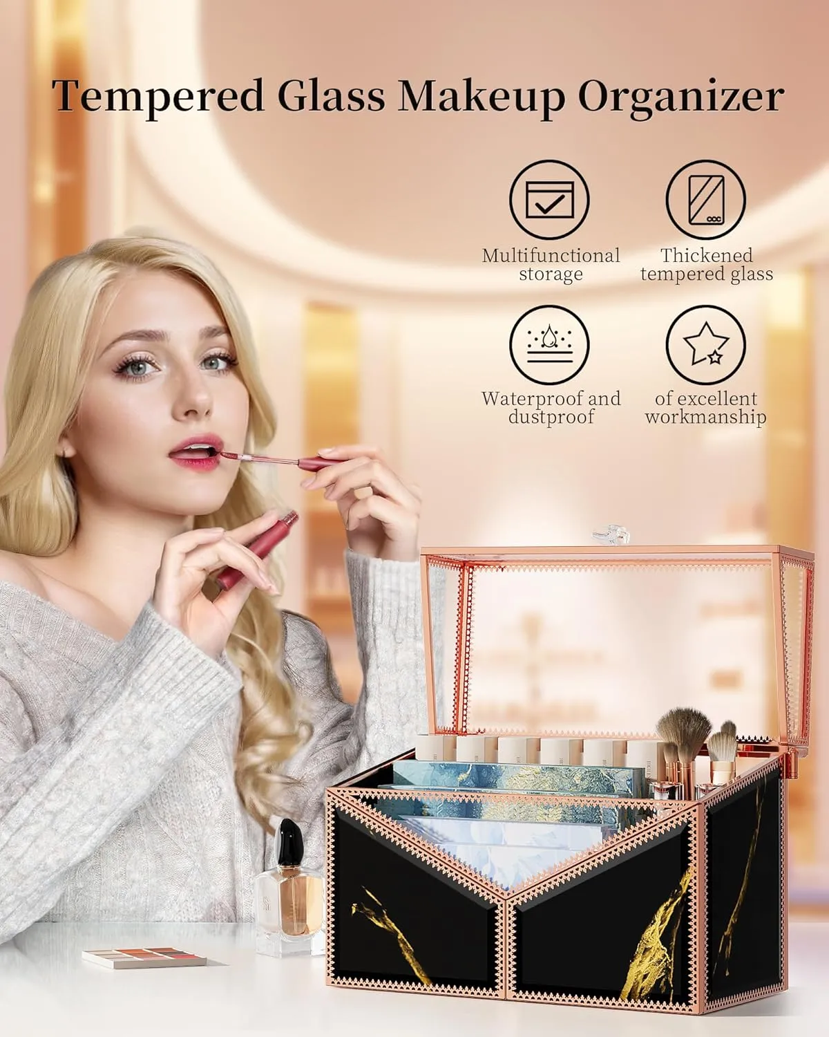 Lipstick Organizer Lipstick Holder - 24 Spaces, Tempered Glass Lip Gloss and Perfume Organizer,Vanity Lipstick Holder and Organizer.Black