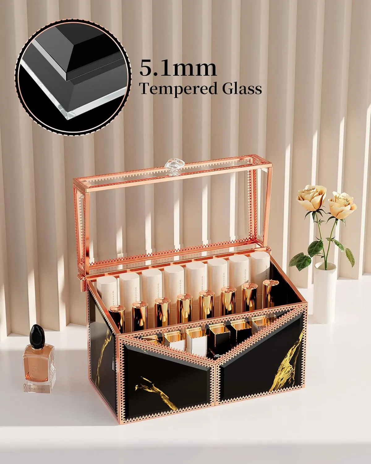 Lipstick Organizer Lipstick Holder - 24 Spaces, Tempered Glass Lip Gloss and Perfume Organizer,Vanity Lipstick Holder and Organizer.Black