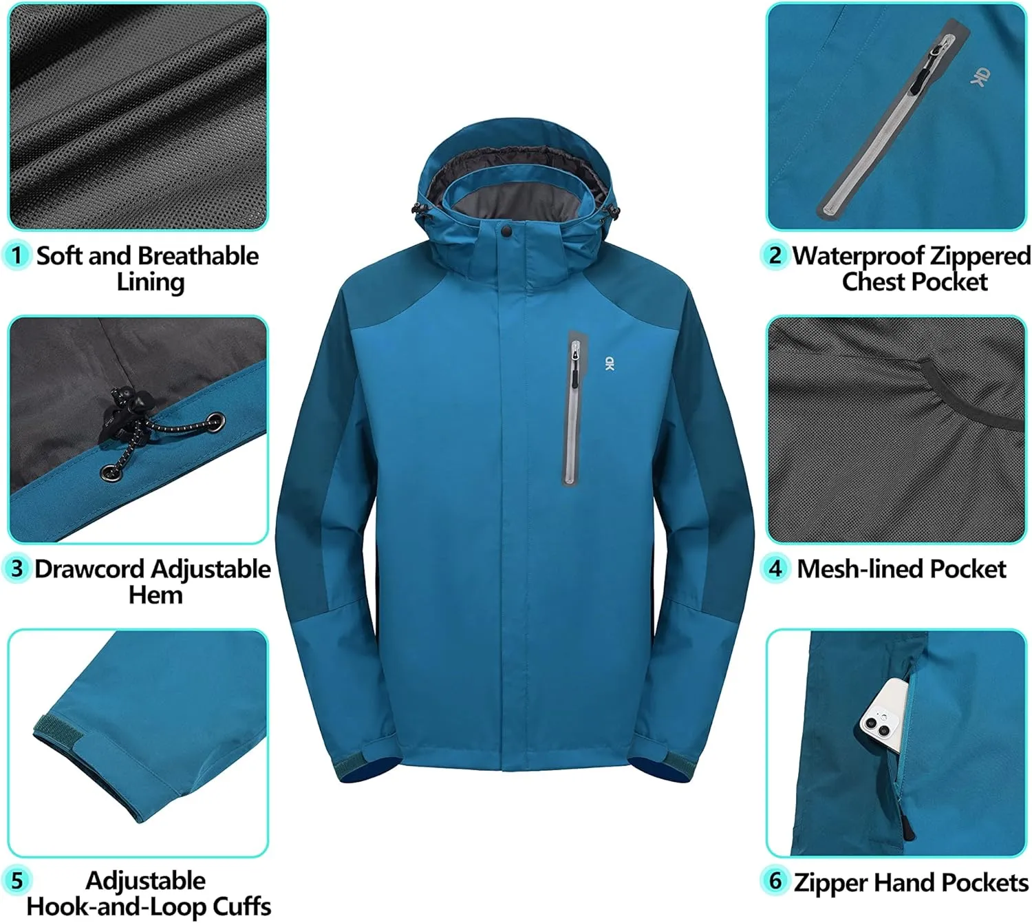 Little Donkey Andy Men's Waterproof Rain Jacket with Detachable Hood Outdoor Raincoat for Hiking Travel Cycling