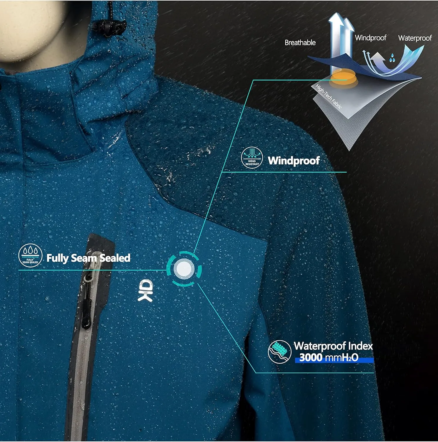 Little Donkey Andy Men's Waterproof Rain Jacket with Detachable Hood Outdoor Raincoat for Hiking Travel Cycling