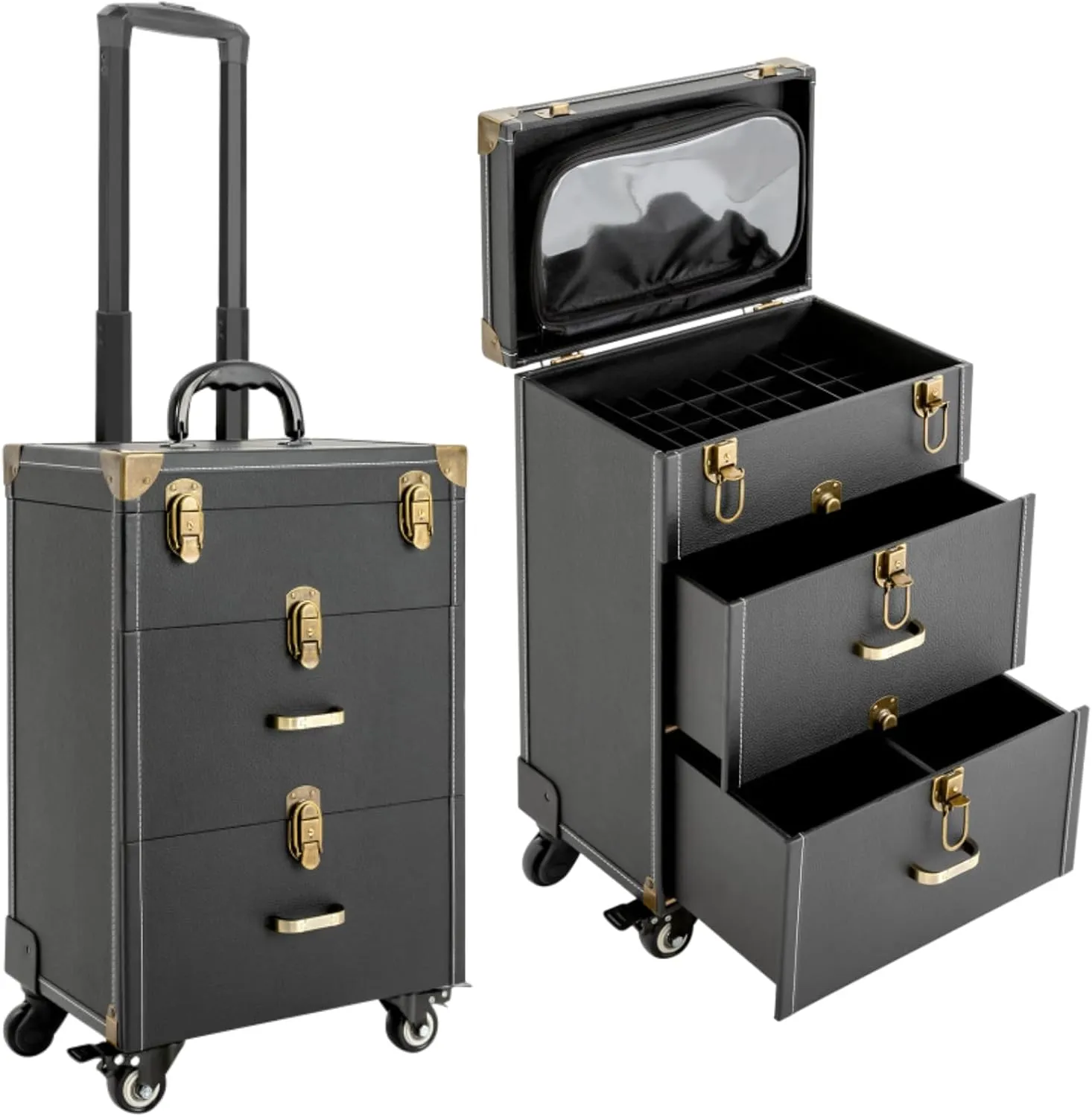 Lockable Rolling Makeup Case Cosmetic Case with Universal Wheels, 3-Tier Black Trolley Makeup Train Case 88.2 lbs Professional Makeup Case for Nail Tech Hairstylist Barber