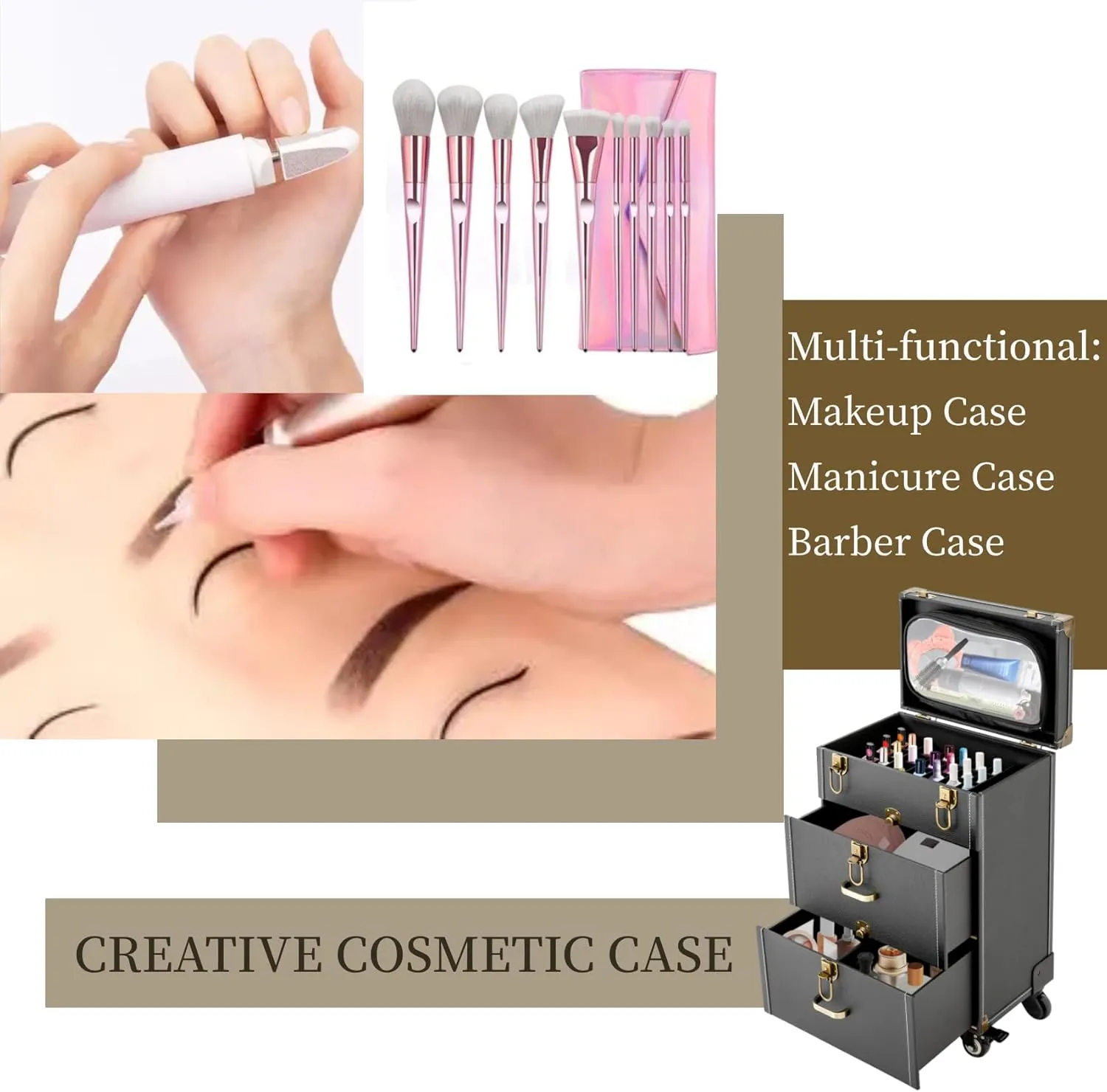 Lockable Rolling Makeup Case Cosmetic Case with Universal Wheels, 3-Tier Black Trolley Makeup Train Case 88.2 lbs Professional Makeup Case for Nail Tech Hairstylist Barber