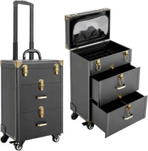 Lockable Rolling Makeup Case Cosmetic Case with Universal Wheels, 3-Tier Black Trolley Makeup Train Case 88.2 lbs Professional Makeup Case for Nail Tech Hairstylist Barber