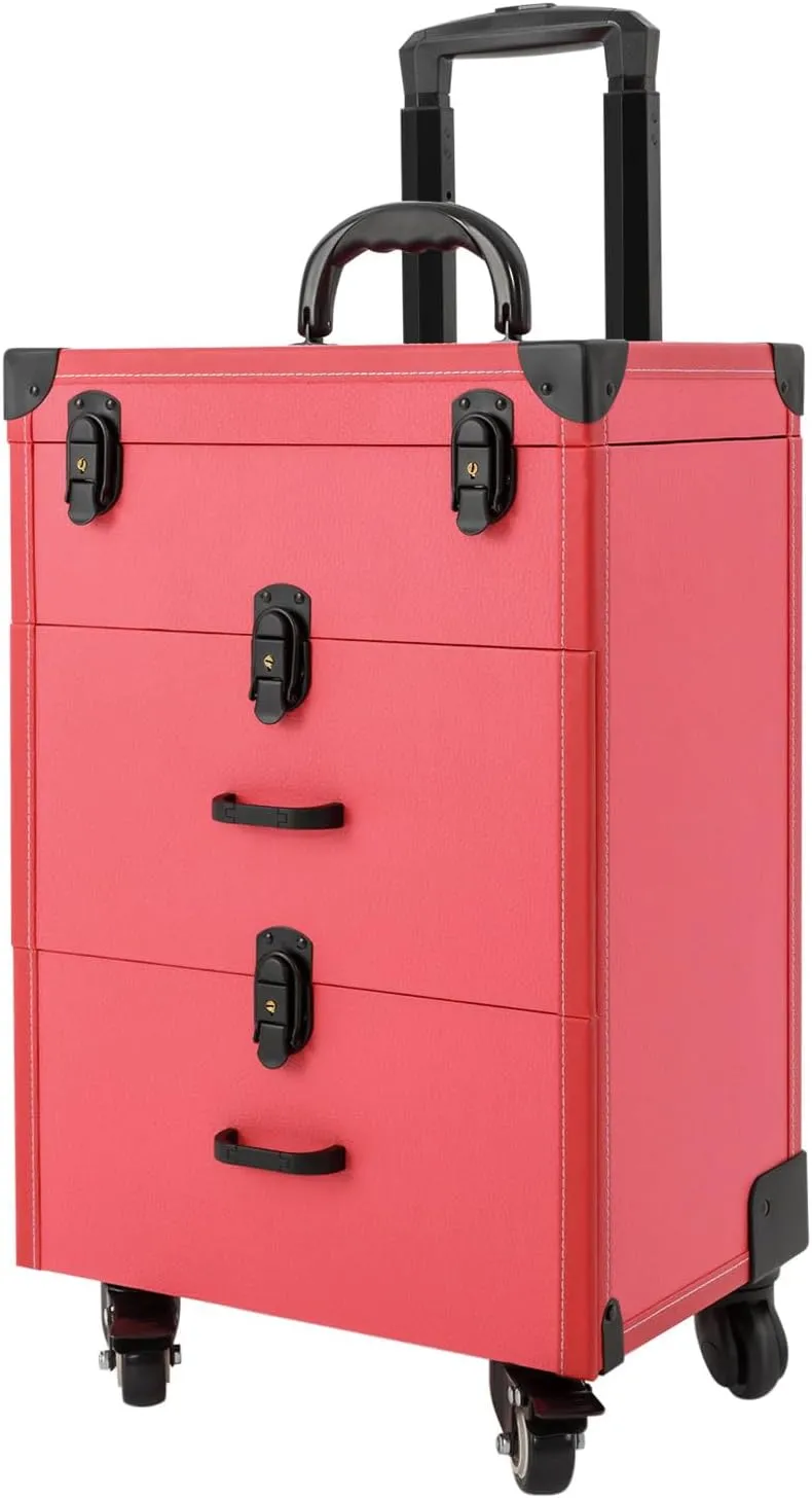 Lockable Rolling Makeup Case Cosmetic Case with Universal Wheels, 3-Tier Pink Trolley Makeup Train Case 88.2 lbs Professional Makeup Case for Nail Tech Hairstylist Barber (Black Latch)