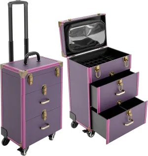 Lockable Rolling Makeup Case Cosmetic Case with Universal Wheels, 3-Tier Purple Trolley Makeup Train Case 88.2 lbs Professional Makeup Case for Nail Tech Hairstylist Barber
