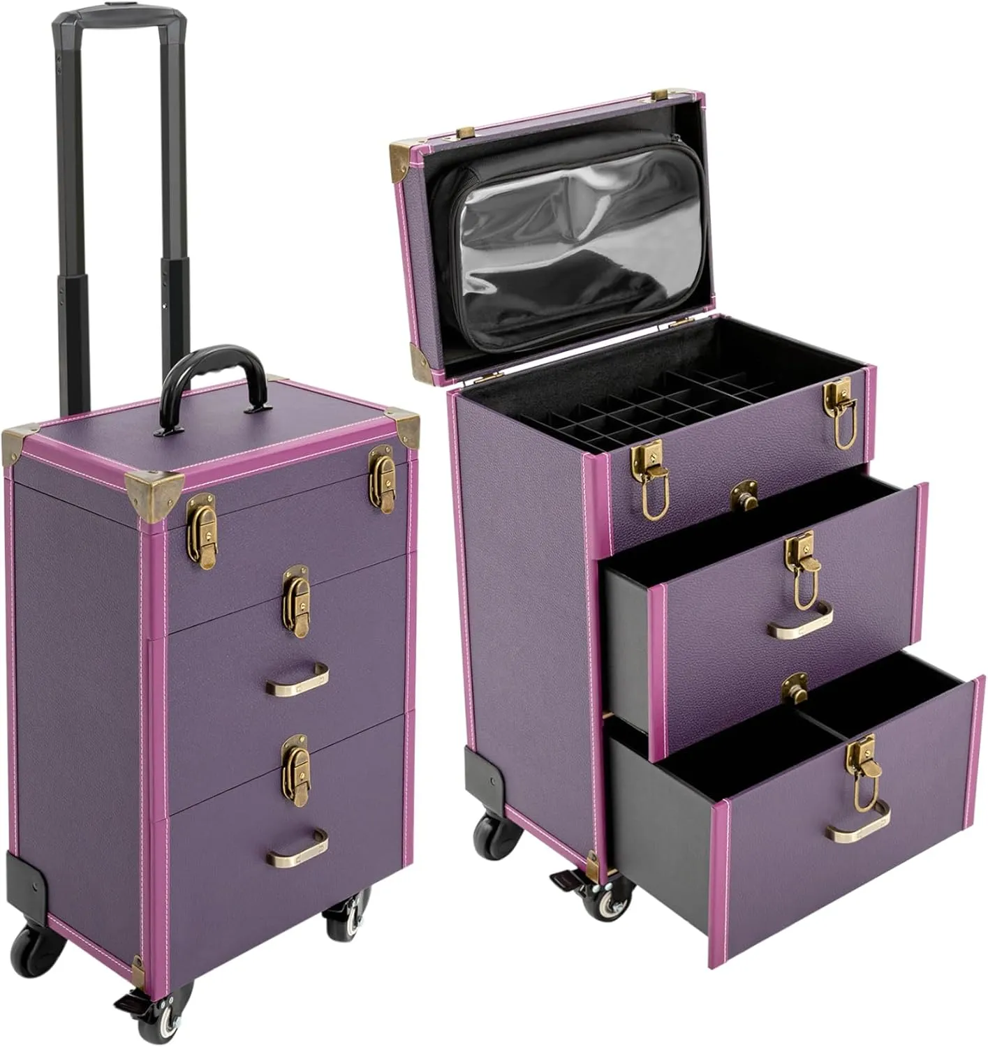 Lockable Rolling Makeup Case Cosmetic Case with Universal Wheels, 3-Tier Purple Trolley Makeup Train Case 88.2 lbs Professional Makeup Case for Nail Tech Hairstylist Barber