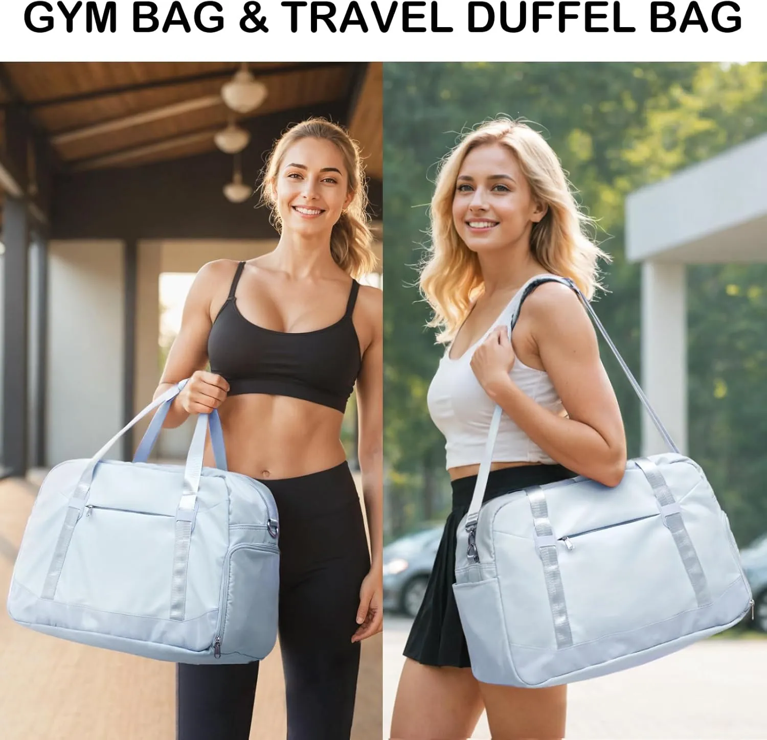 LONG VACATION Women's Travel Duffel Bag with Toiletry Bag, Sports Gym Bag Weekendeer Carry-on Tote with Shoe Compartment and Wet Pocket, Yoga Bag Fit 17.3inch Laptop (LIGHT BLUE, 21-inch)