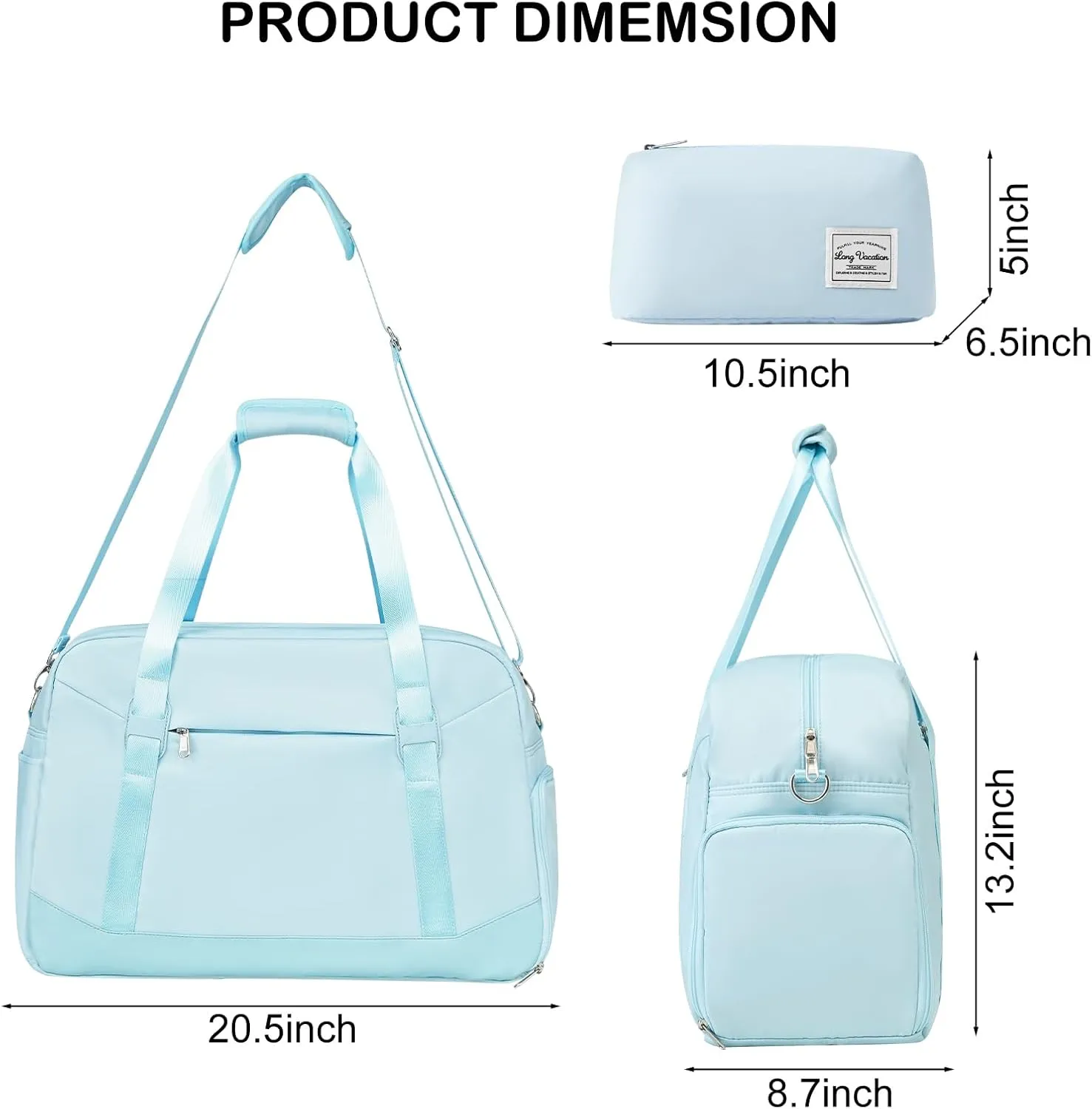LONG VACATION Women's Travel Duffel Bag with Toiletry Bag, Sports Gym Bag Weekendeer Carry-on Tote with Shoe Compartment and Wet Pocket, Yoga Bag Fit 17.3inch Laptop (LIGHT BLUE, 21-inch)