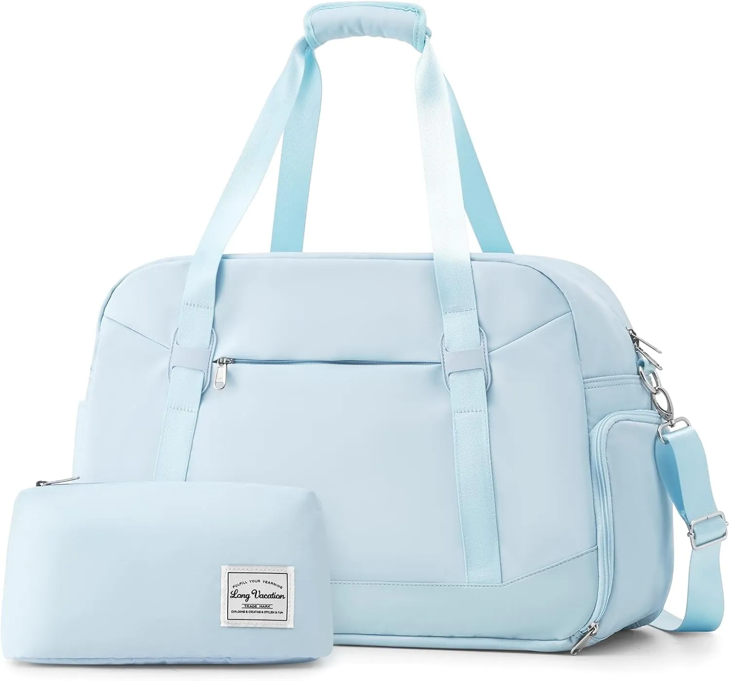 LONG VACATION Women's Travel Duffel Bag with Toiletry Bag, Sports Gym Bag Weekendeer Carry-on Tote with Shoe Compartment and Wet Pocket, Yoga Bag Fit 17.3inch Laptop (LIGHT BLUE, 21-inch)