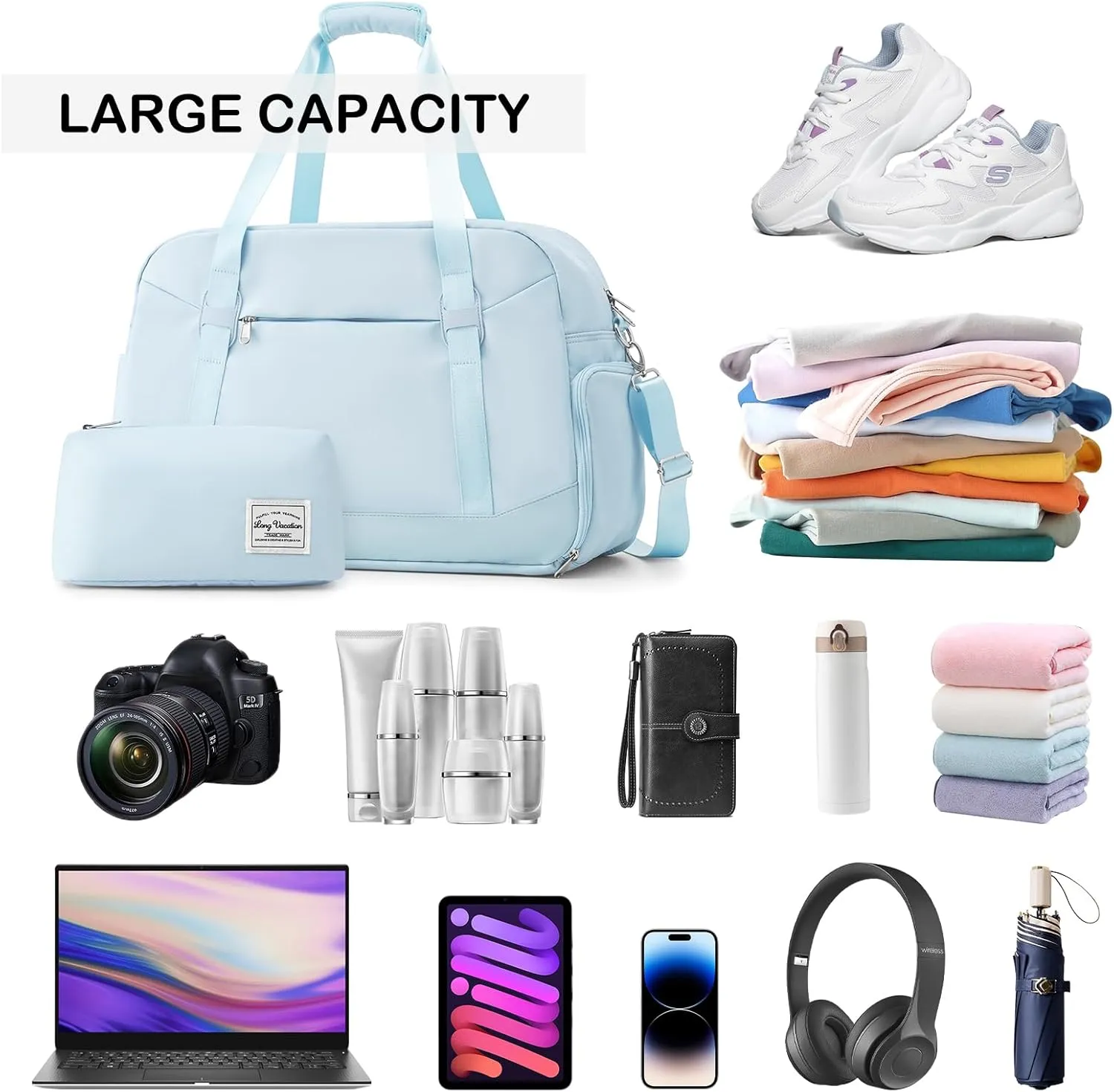LONG VACATION Women's Travel Duffel Bag with Toiletry Bag, Sports Gym Bag Weekendeer Carry-on Tote with Shoe Compartment and Wet Pocket, Yoga Bag Fit 17.3inch Laptop (LIGHT BLUE, 21-inch)