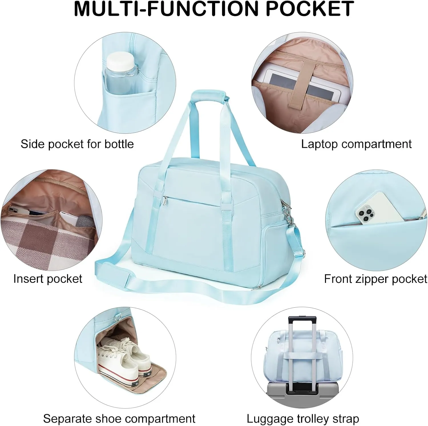 LONG VACATION Women's Travel Duffel Bag with Toiletry Bag, Sports Gym Bag Weekendeer Carry-on Tote with Shoe Compartment and Wet Pocket, Yoga Bag Fit 17.3inch Laptop (LIGHT BLUE, 21-inch)
