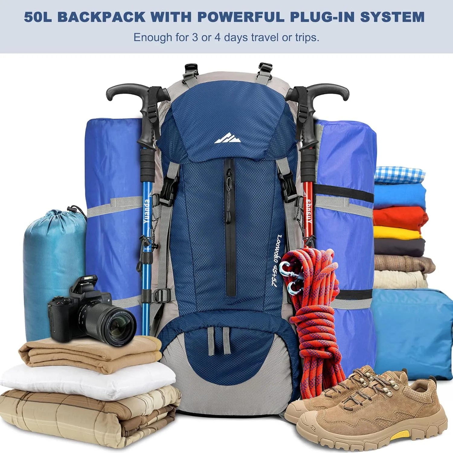 Loowoko 50L Hiking Backpack, Waterproof Camping Essentials Bag with Rain Cover, 45 5 Liter Lightweight Backpacking Back Pack