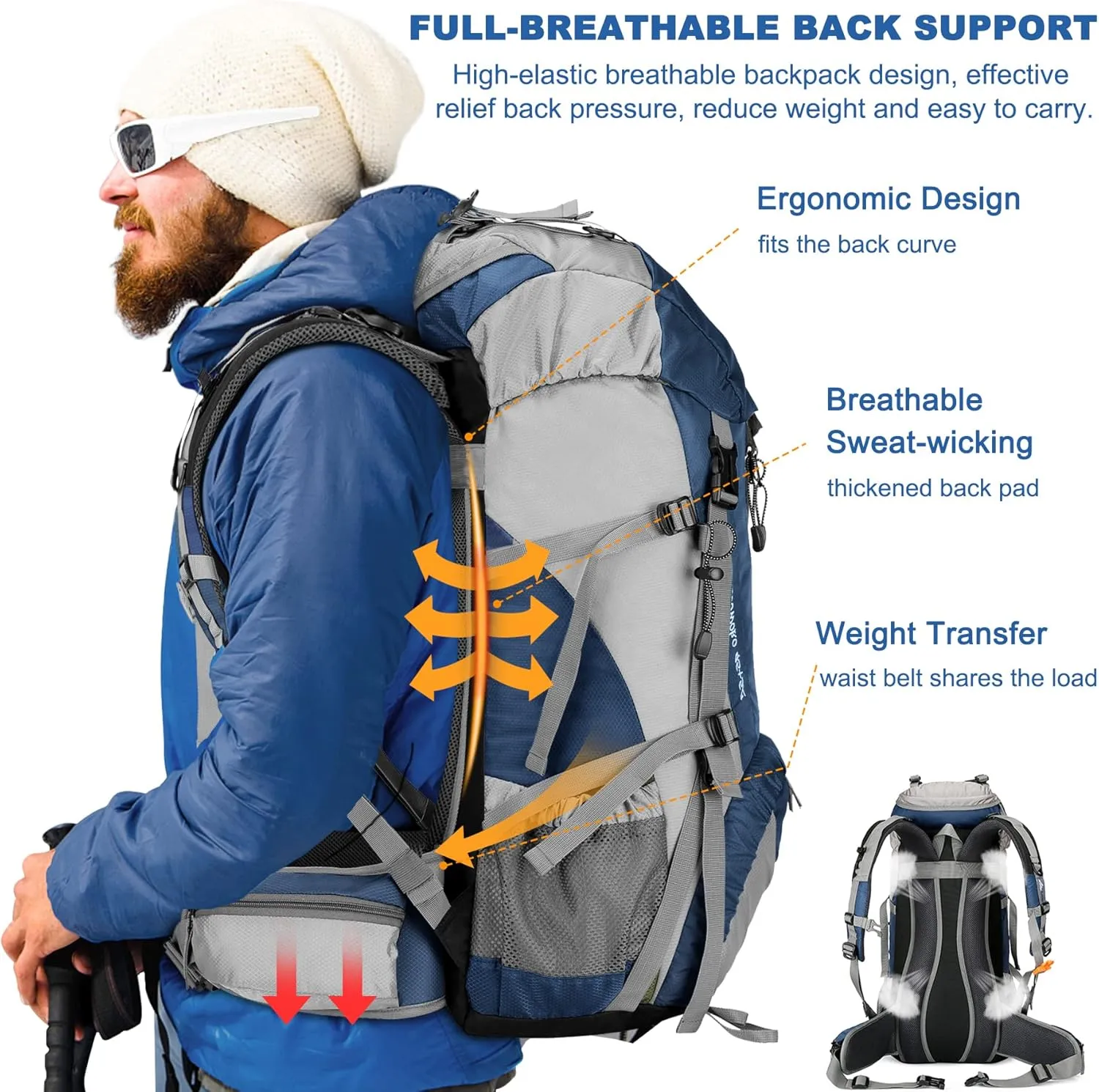 Loowoko 50L Hiking Backpack, Waterproof Camping Essentials Bag with Rain Cover, 45 5 Liter Lightweight Backpacking Back Pack