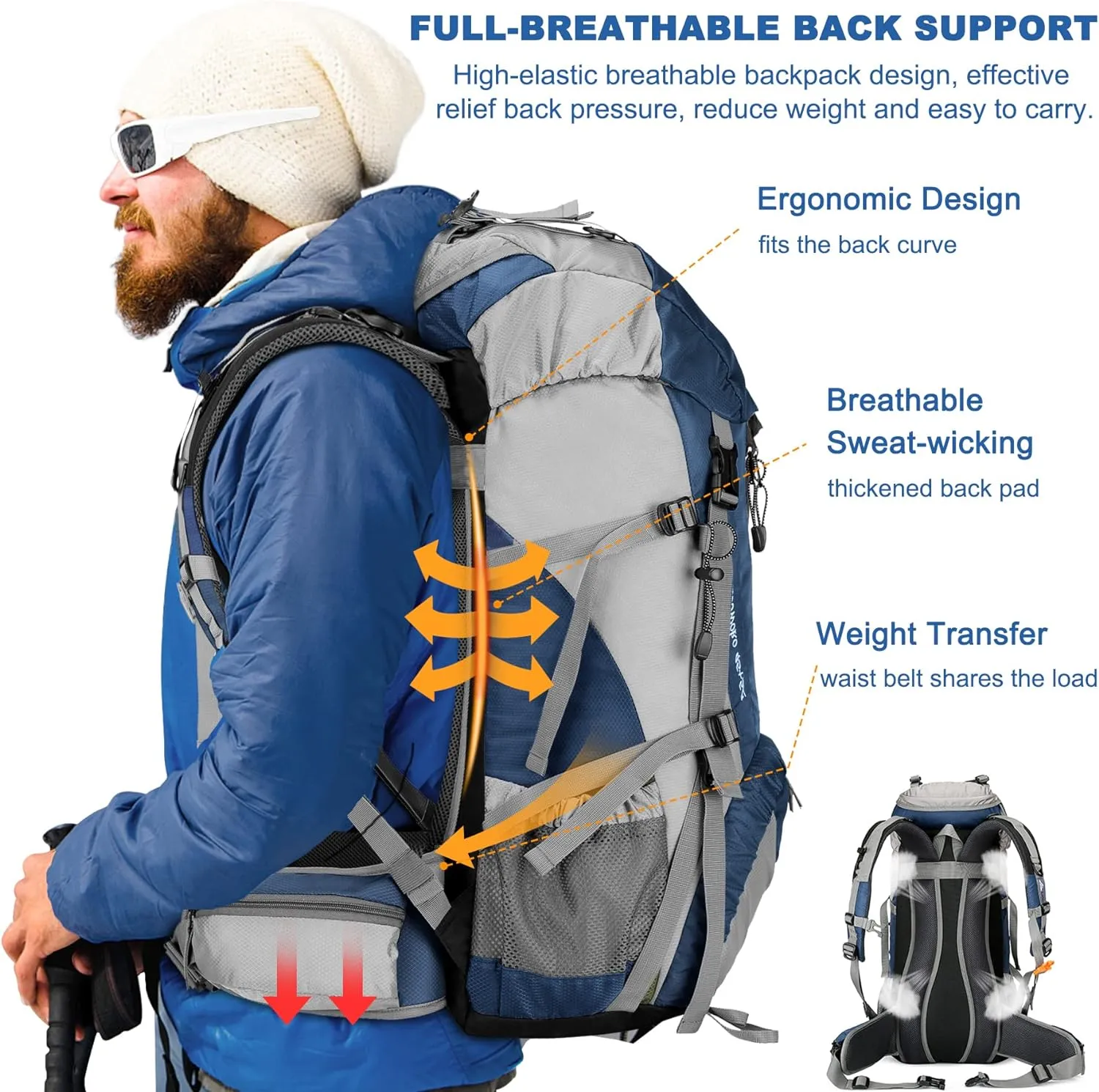 Loowoko 50L Hiking Backpack, Waterproof Camping Essentials Bag with Rain Cover, 45 5 Liter Lightweight Backpacking Back Pack