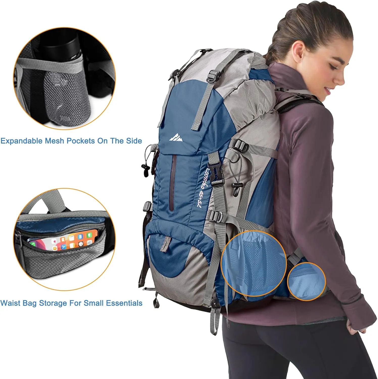 Loowoko 50L Hiking Backpack, Waterproof Camping Essentials Bag with Rain Cover, 45 5 Liter Lightweight Backpacking Back Pack