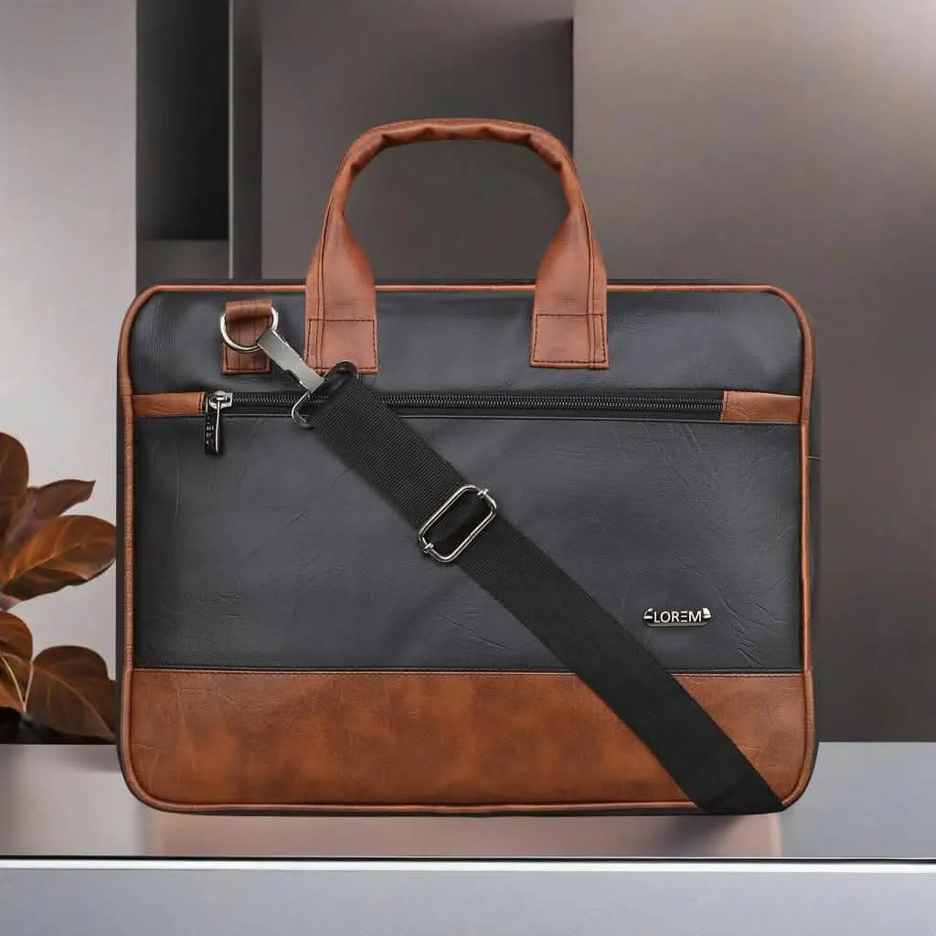 LOREM Black & Tan Color Faux Leather 10L Messenger Bag For Men & Women (BG32)