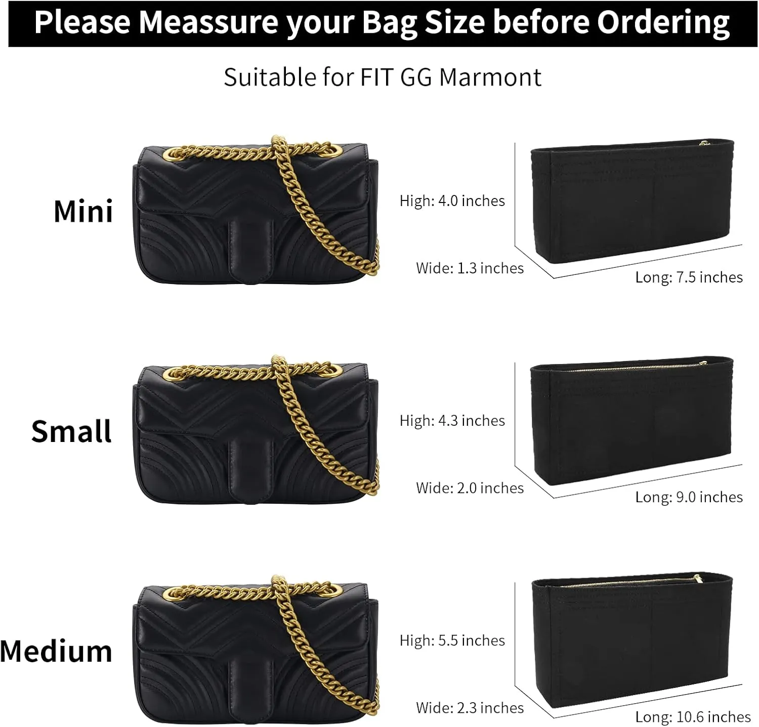 LOUKAYCC Felt Purse Organizer Insert for GG Marmont Mini Bag Organizer Handbag (Mini, Black)