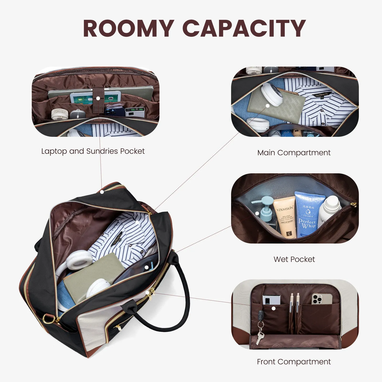 Lovevook 4-Piece Travel Set Beige & Black: Duffel, Shoe Bag, Toiletry Case & Packing Cube
