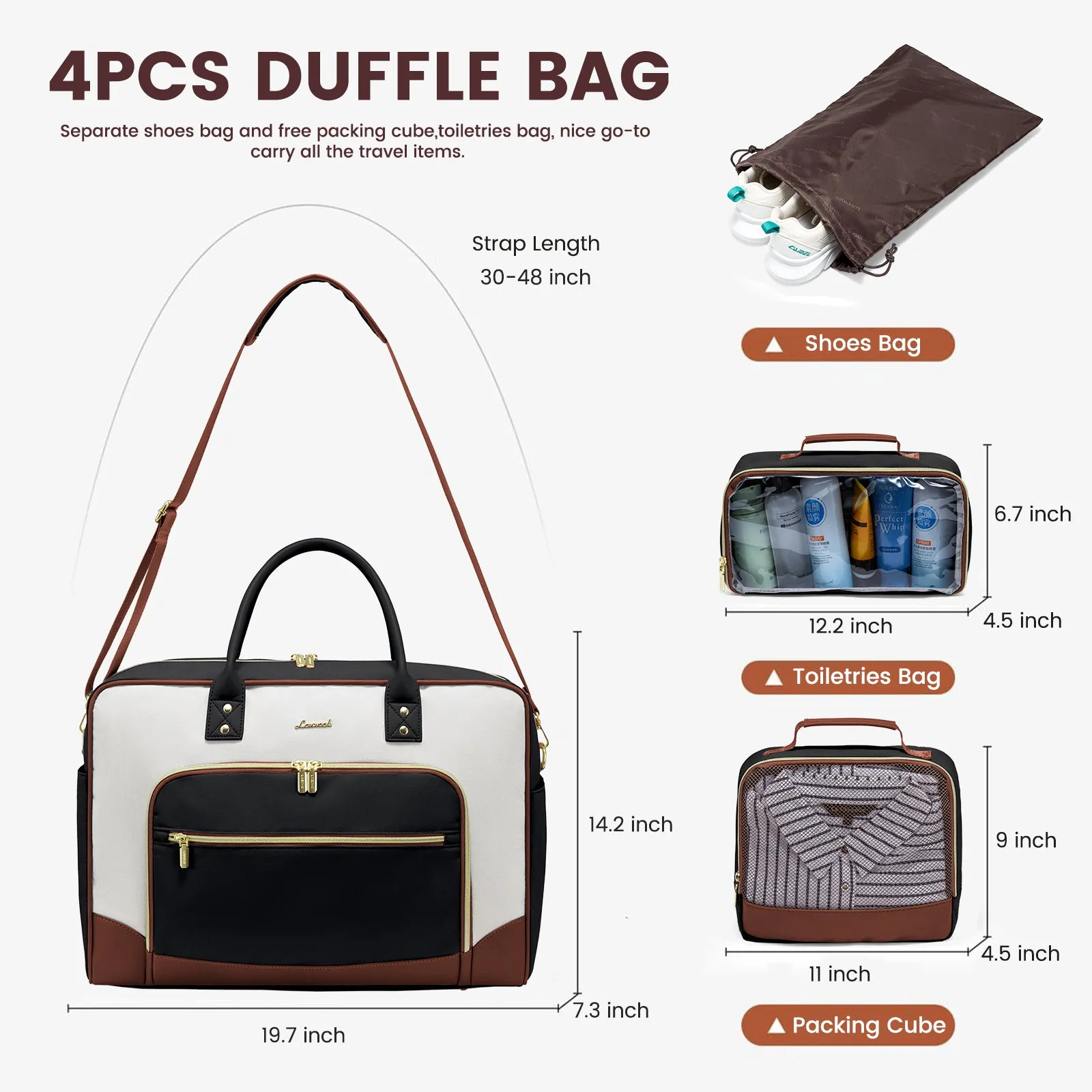 Lovevook 4-Piece Travel Set Beige & Black: Duffel, Shoe Bag, Toiletry Case & Packing Cube