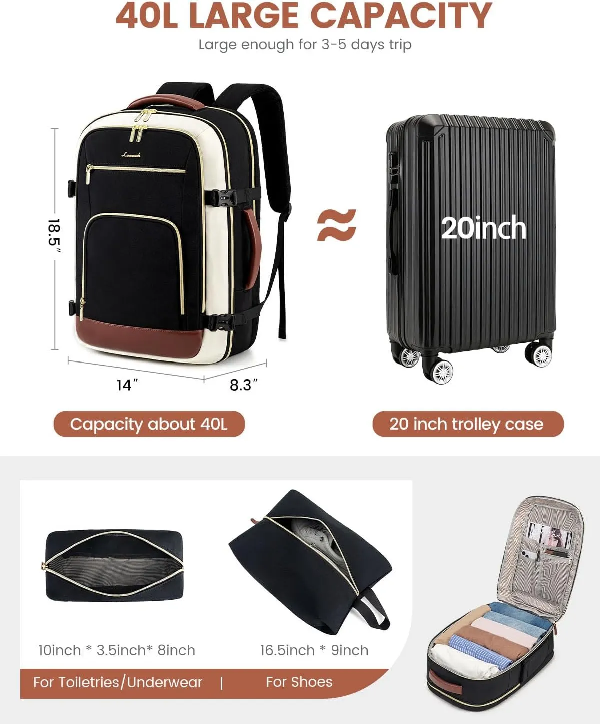 LOVEVOOK Carry On Travel Backpack For Women Flight Approved, 40L Large Personal Item Backpack Travel Bag for Airplanes, Business 17 Inch Laptop Backpack, Weekender Overnight Daypack, With 2 Cubes