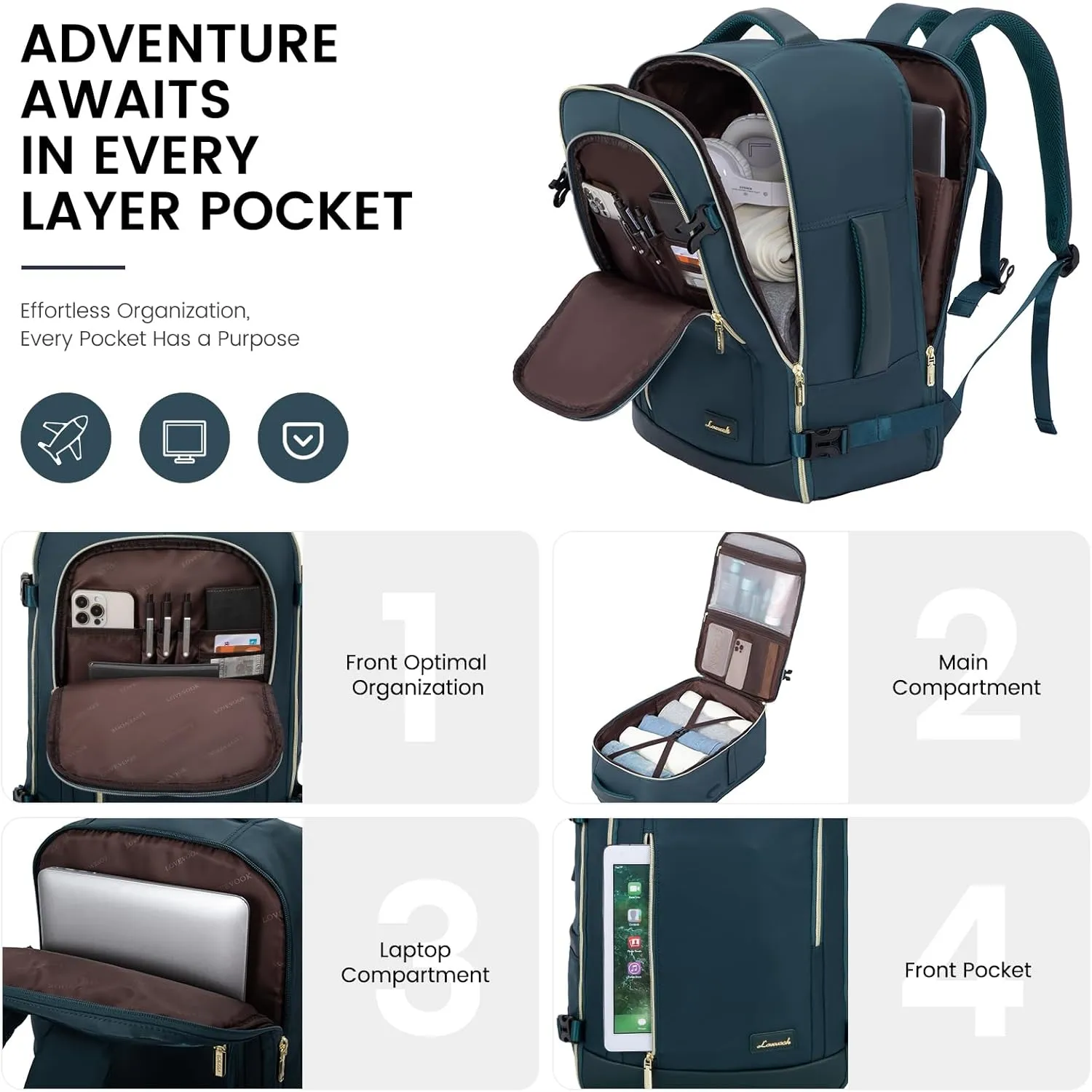 LOVEVOOK Travel Backpack for Women & Men, 45L Carry On Backpack, Personal Item Bag with 3 Packing Cubes, Business Weekender Overnight Luggage Daypack, Fits 18 Inch Laptop, Blue