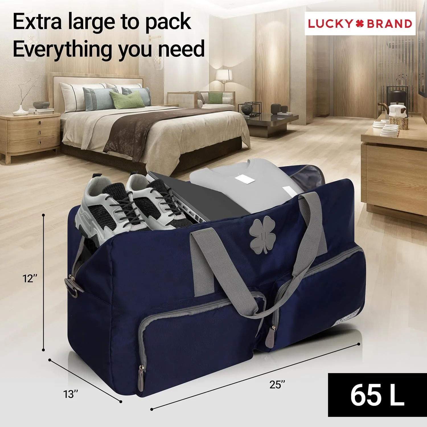 Lucky Travel Duffel Bags 65L, Gym Bag, Travel Bag & Large Duffle Bag for Men, Foldable Overnight Weekender Bags for Women & Men with Adjustable Shoulder Strap, Navy
