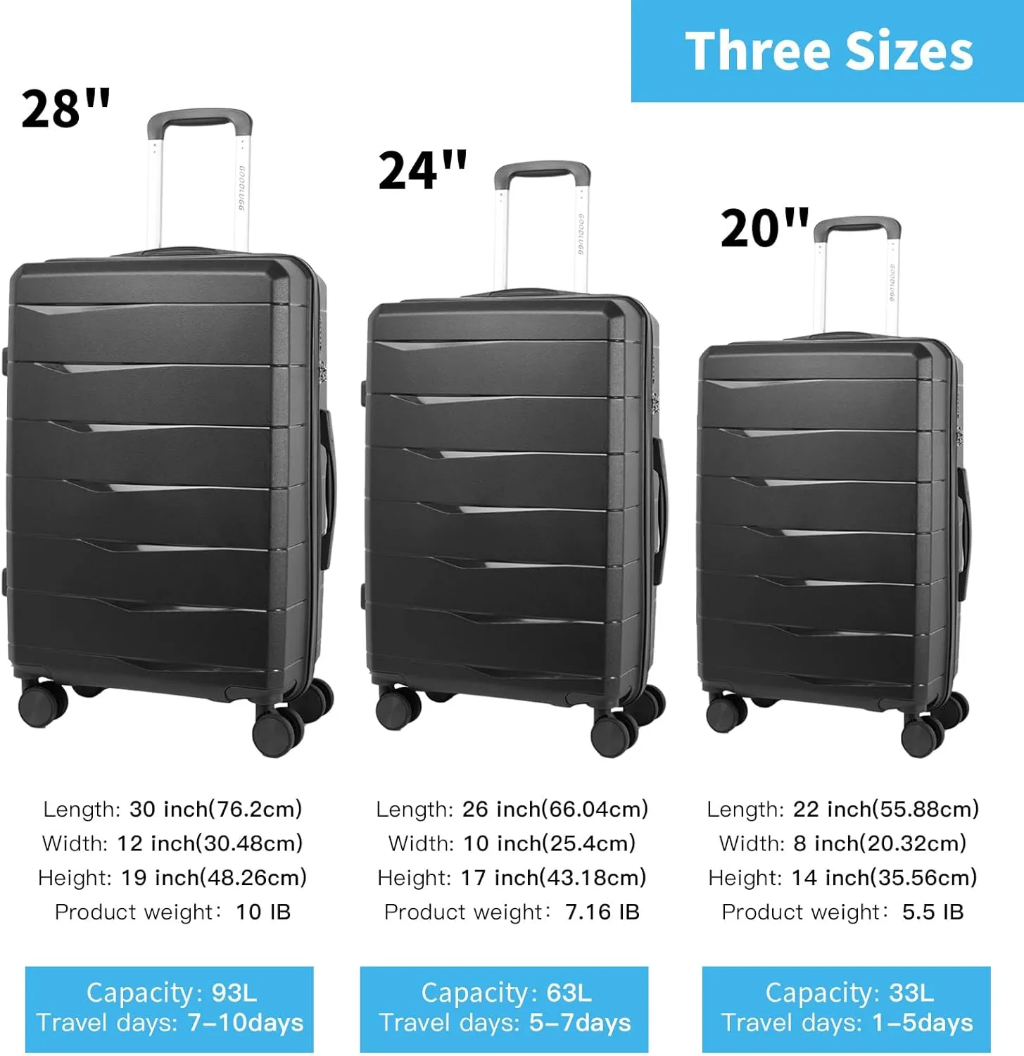 Luggage Set with Spinner Wheels and TSA Lock, 3 Pieces Expandable Hardside PP material Suitcase for Travel, Hardshell Luggage Sets, 20", 24", 28", Black