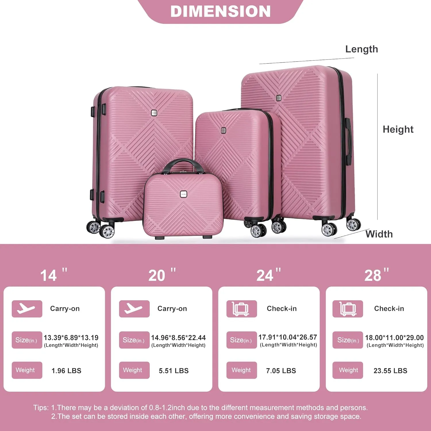 Luggage Sets 4 Piece Suitcase Set ABS Lightweight Carry On Luggage with Spinner Wheels, Hardside Suitcases Durable Luggage Hardside (14/20/24/28) Pink