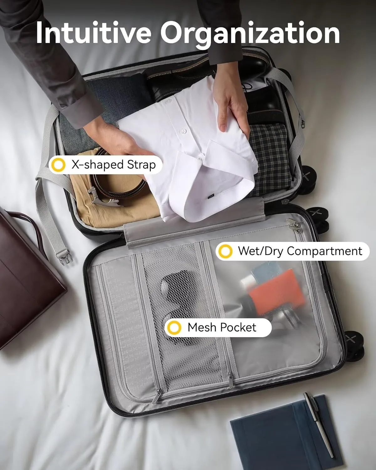LUGGEX Carry on Luggage 22x14x9 Airline Approved, PC Hard Shell Suitcase with Front Pocket, Expandable Luggage with USB Port (Black, 20 Inch, 37L)