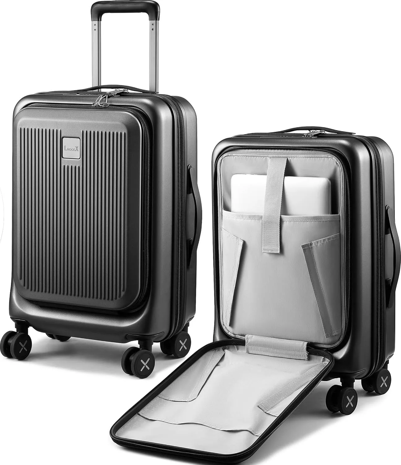 LUGGEX Carry on Luggage 22x14x9 Airline Approved, PC Hard Shell Suitcase with Front Pocket, Expandable Luggage with USB Port (Black, 20 Inch, 37L)