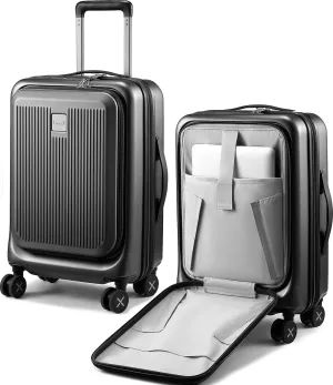 LUGGEX Carry on Luggage 22x14x9 Airline Approved, PC Hard Shell Suitcase with Front Pocket, Expandable Luggage with USB Port (Black, 20 Inch, 37L)
