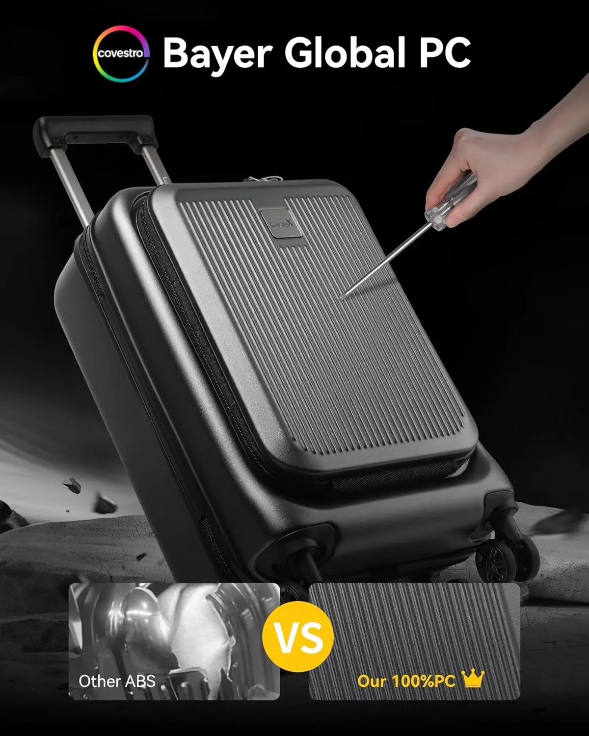 LUGGEX Carry on Luggage 22x14x9 Airline Approved, PC Hard Shell Suitcase with Front Pocket, Expandable Luggage with USB Port (Black, 20 Inch, 37L)