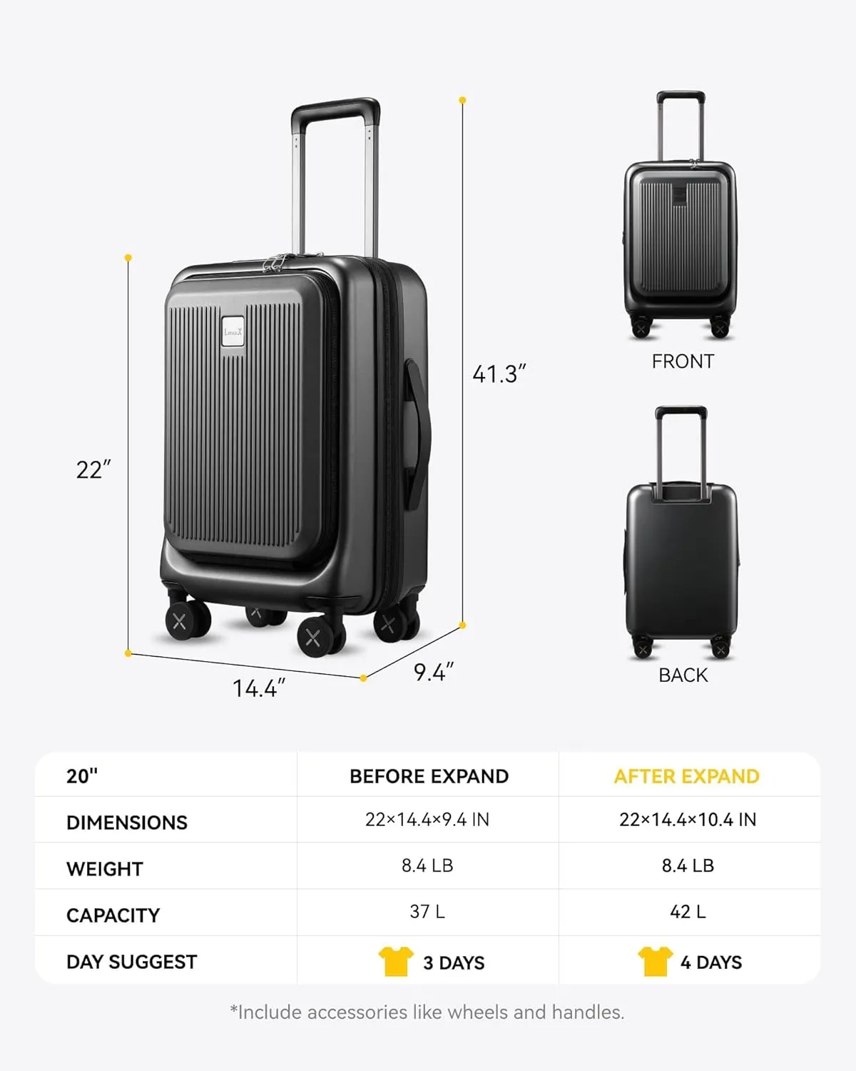 LUGGEX Carry on Luggage 22x14x9 Airline Approved, PC Hard Shell Suitcase with Front Pocket, Expandable Luggage with USB Port (Black, 20 Inch, 37L)