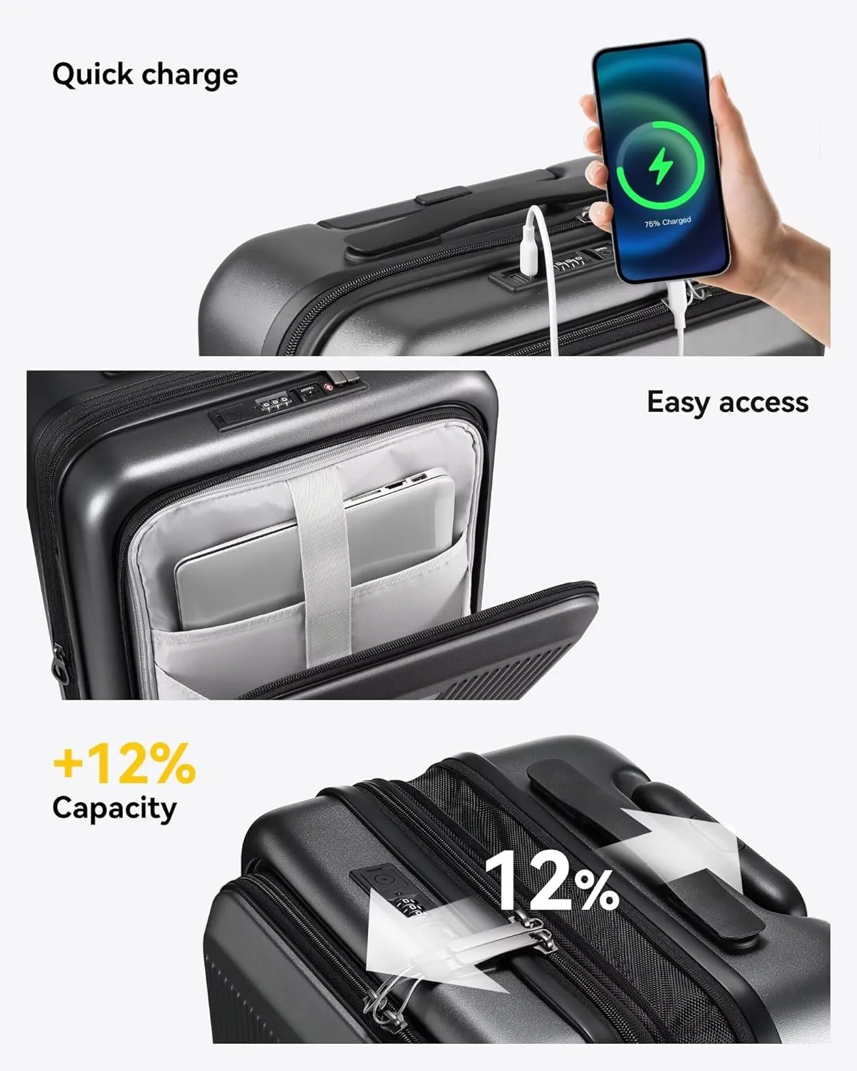 LUGGEX Carry on Luggage 22x14x9 Airline Approved, PC Hard Shell Suitcase with Front Pocket, Expandable Luggage with USB Port (Black, 20 Inch, 37L)