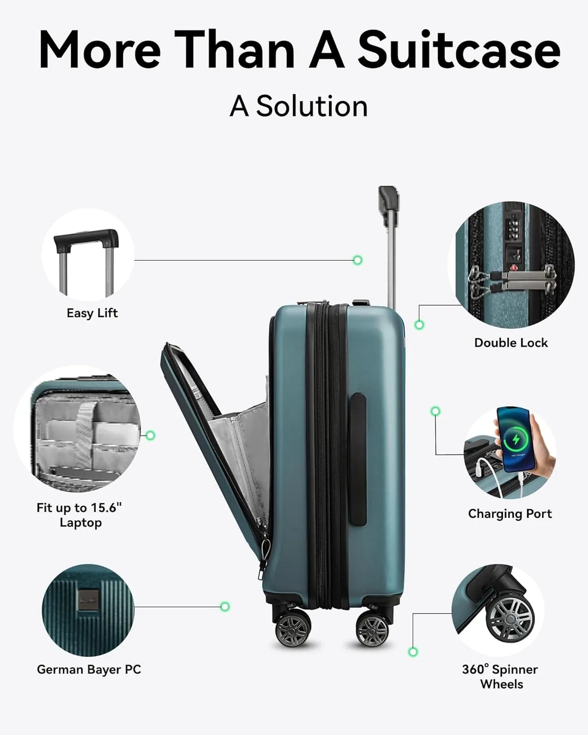 LUGGEX Carry on Luggage 22x14x9 Airline Approved, PC Hard Shell Suitcase with Front Pocket, Expandable Luggage with USB Port (Teal, 20 Inch, 36.7L)