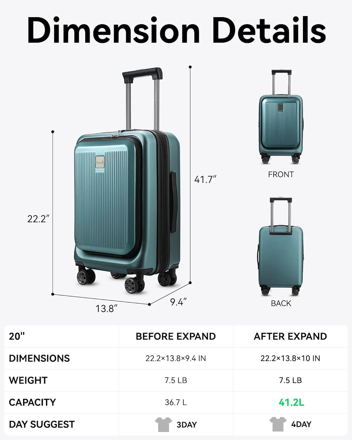 LUGGEX Carry on Luggage 22x14x9 Airline Approved, PC Hard Shell Suitcase with Front Pocket, Expandable Luggage with USB Port (Teal, 20 Inch, 36.7L)