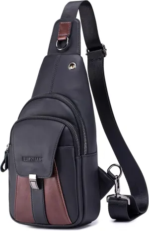 LUKZIJAES Genuine Leather Sling Bag for Women and Men Vintage Shoulder Chest Pack Mens Cross body Sling Bags Hiking Daypacks Crossbody Travel Backpack (#2-Black)
