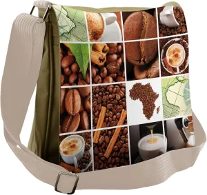 Lunarable African Messenger Bag, Coffee Beans Mugs Collage, Unisex Cross-body